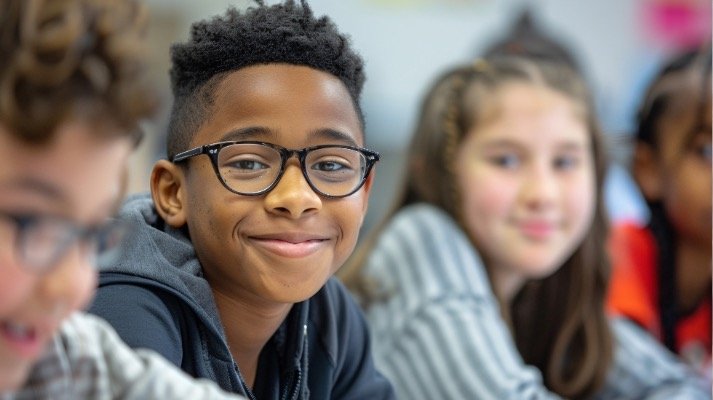 child wearing glasses in classroom